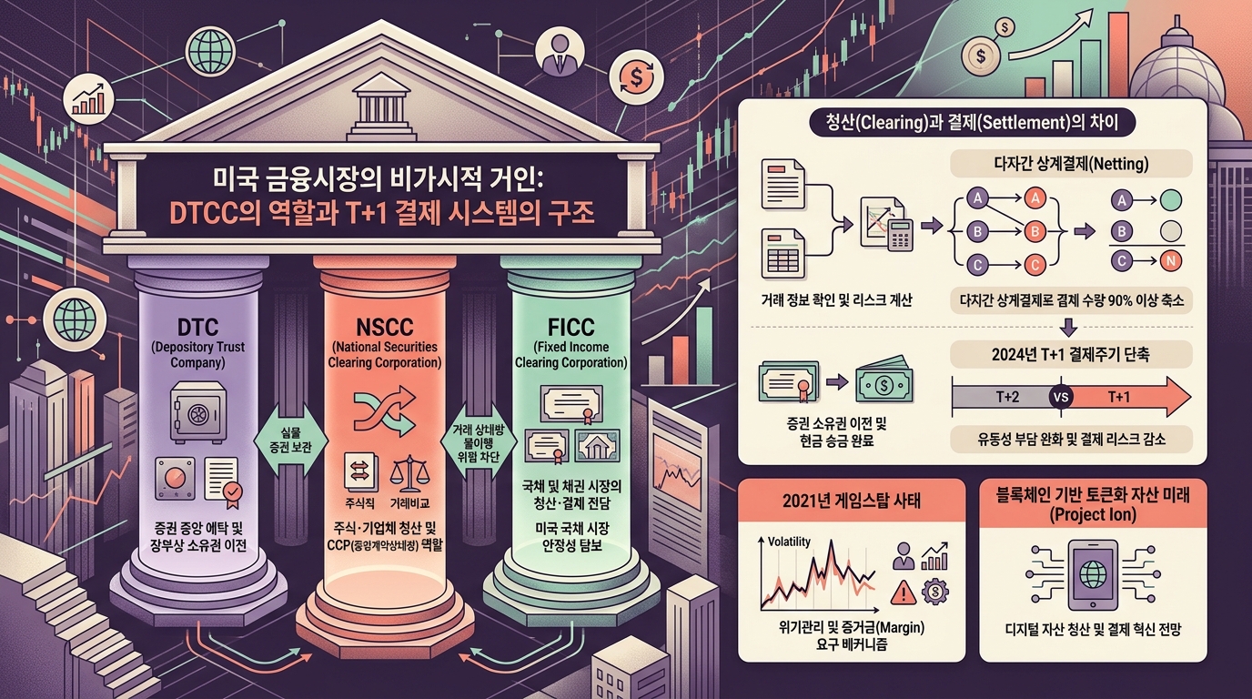 미국 예탁결제청산공사 DTCC의 역할과 T+1 결제 구조를 설명하는 금융 인포그래픽