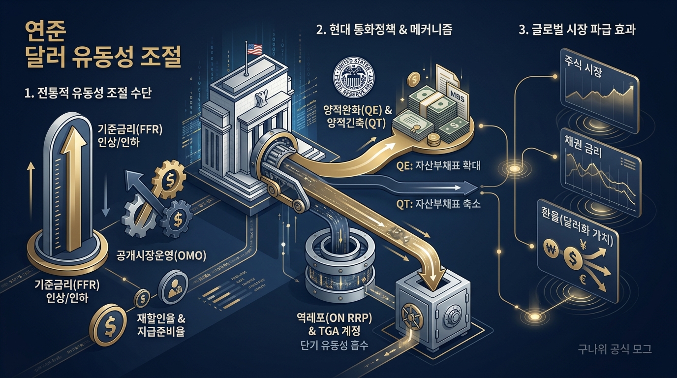 연준의 달러 유동성 조절 메커니즘과 자산 시장 파급 효과 인포그래픽