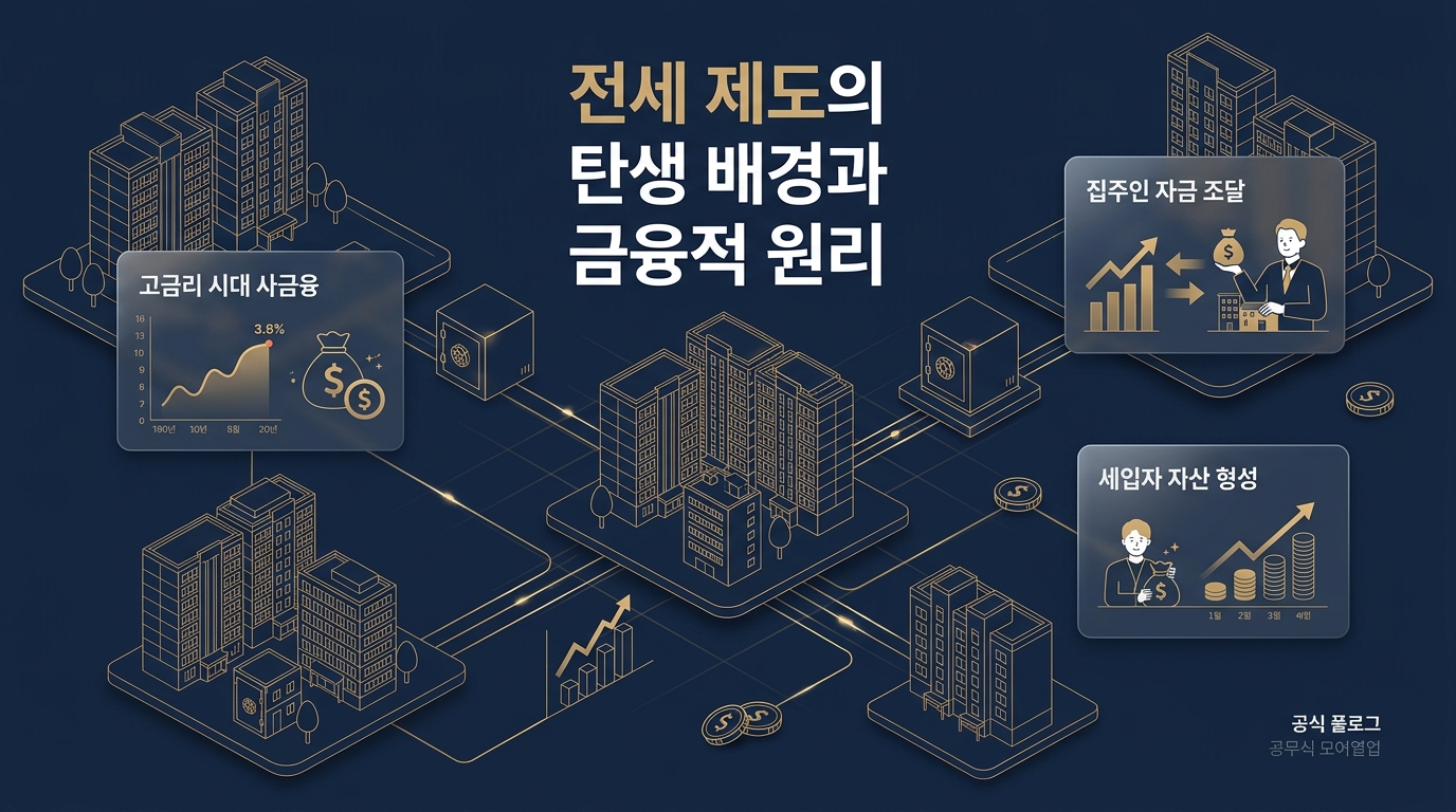 한국 전세 제도의 기원과 금융 메커니즘을 설명하는 네이비와 골드 톤의 인포그래픽 이미지