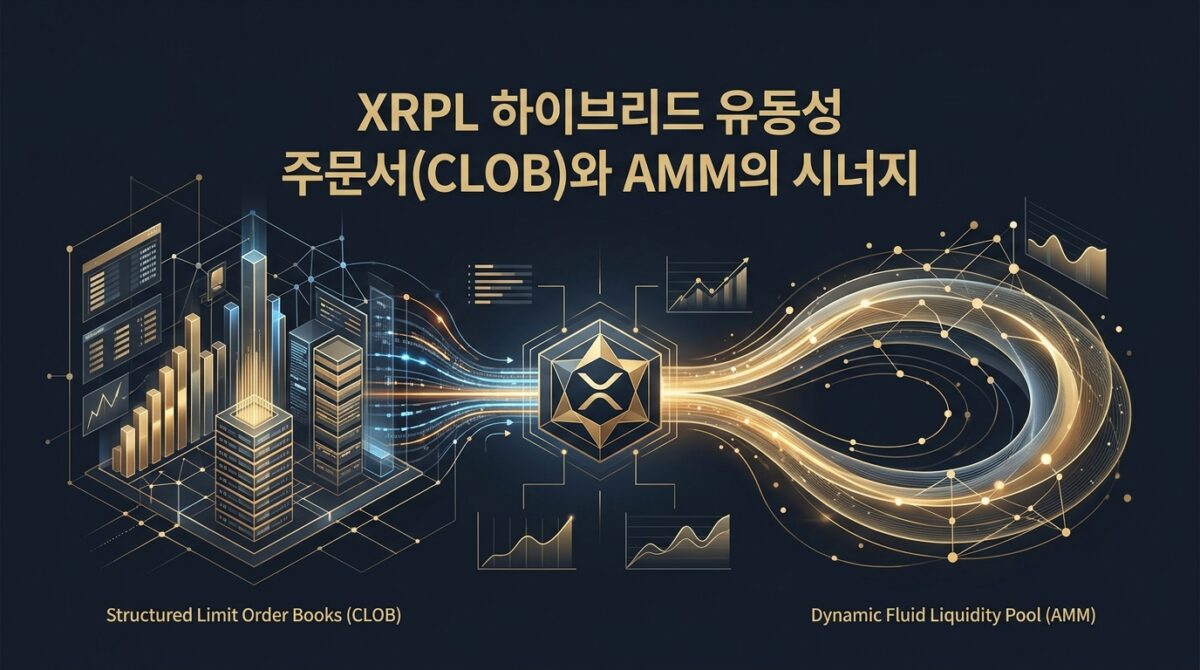XRPL 중앙 한가주문서와 AMM의 하이브리드 유동성 통합 알고리즘 개념도