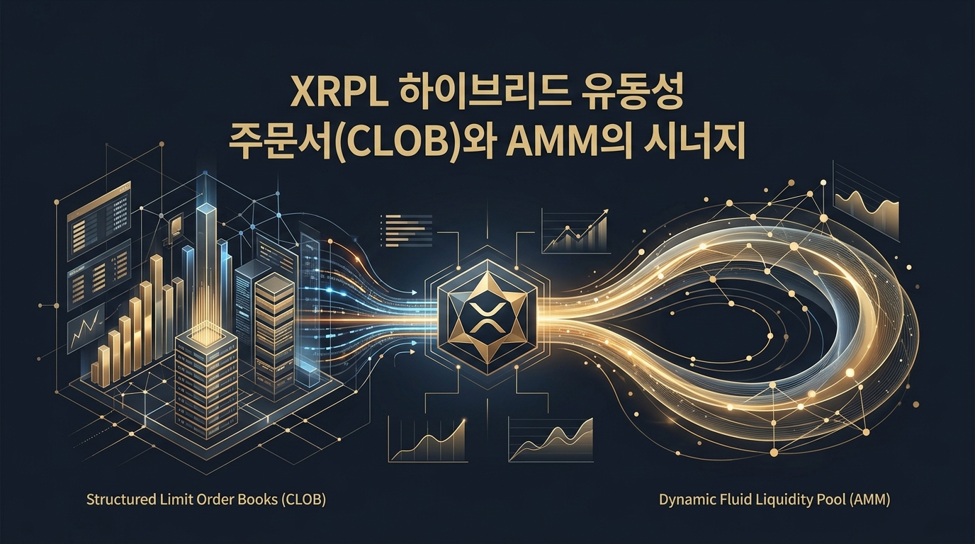 XRPL 중앙 한가주문서와 AMM의 하이브리드 유동성 통합 알고리즘 개념도