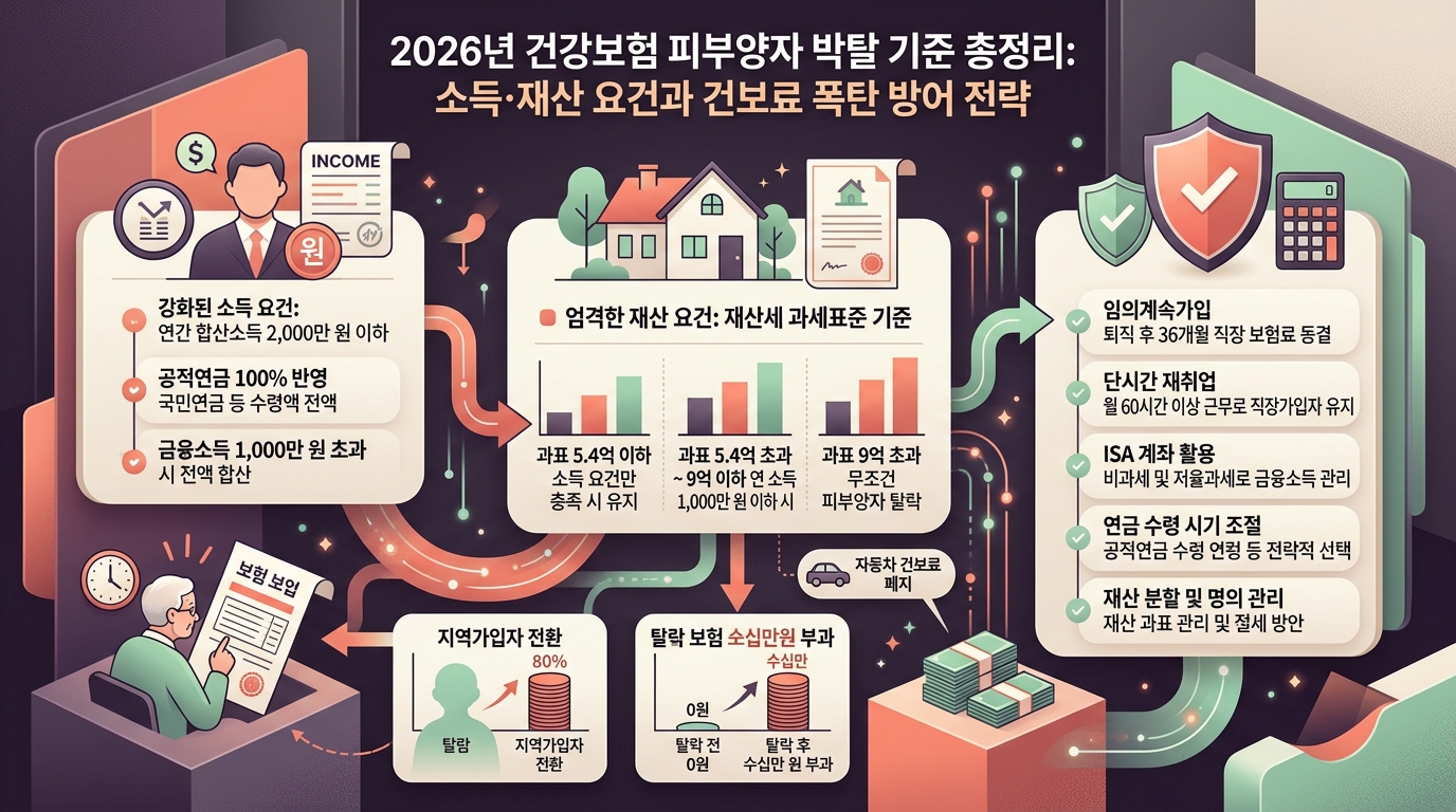 2026년 건강보험 피부양자 박탈 기준과 건보료 절감 방어 전략 인포그래픽