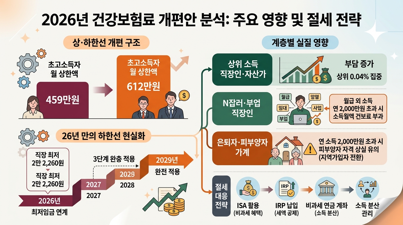 2026년 건강보험료 상하한선 개편안과 가계 영향 분석 인포그래픽