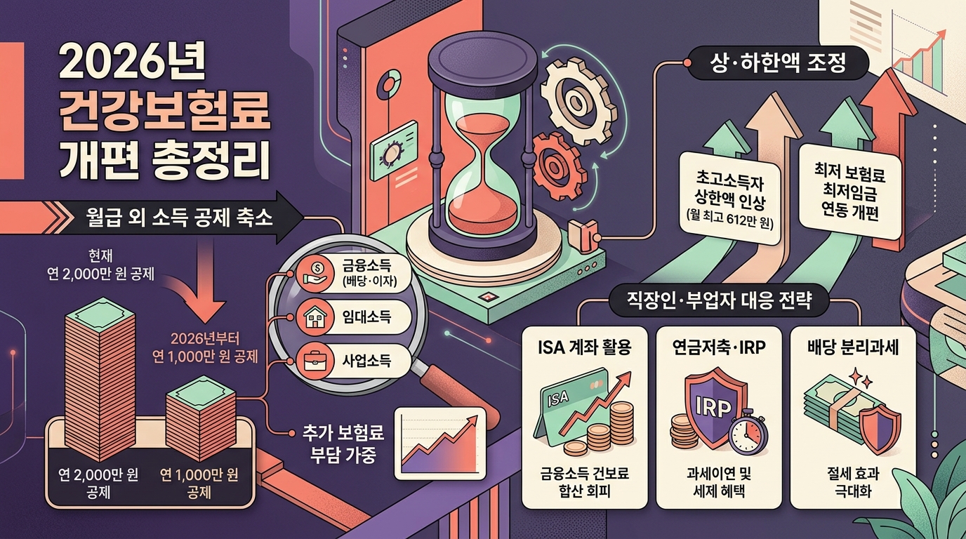 2026년 건강보험료 부과체계 개편안 및 직장인 월급 외 소득 절세 전략 인포그래픽