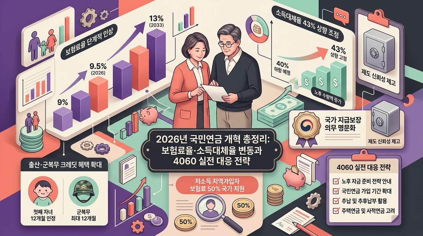 2026년 국민연금 개혁 주요 변경점 및 보험료율, 소득대체율, 크레딧 완화 종합 요약 인포그래픽