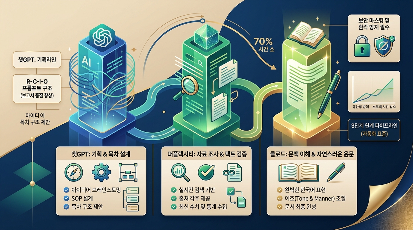 AI 문서작성 업무 자동화 단계별 프로세스와 도구별 역할 분담 인포그래픽