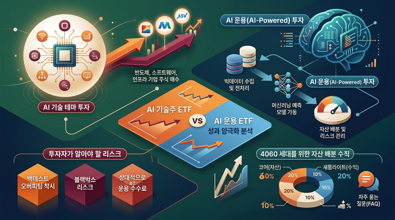AI 주식 투자 및 알고리즘 ETF 운용 원리와 자산 배분 전략 인포그래픽