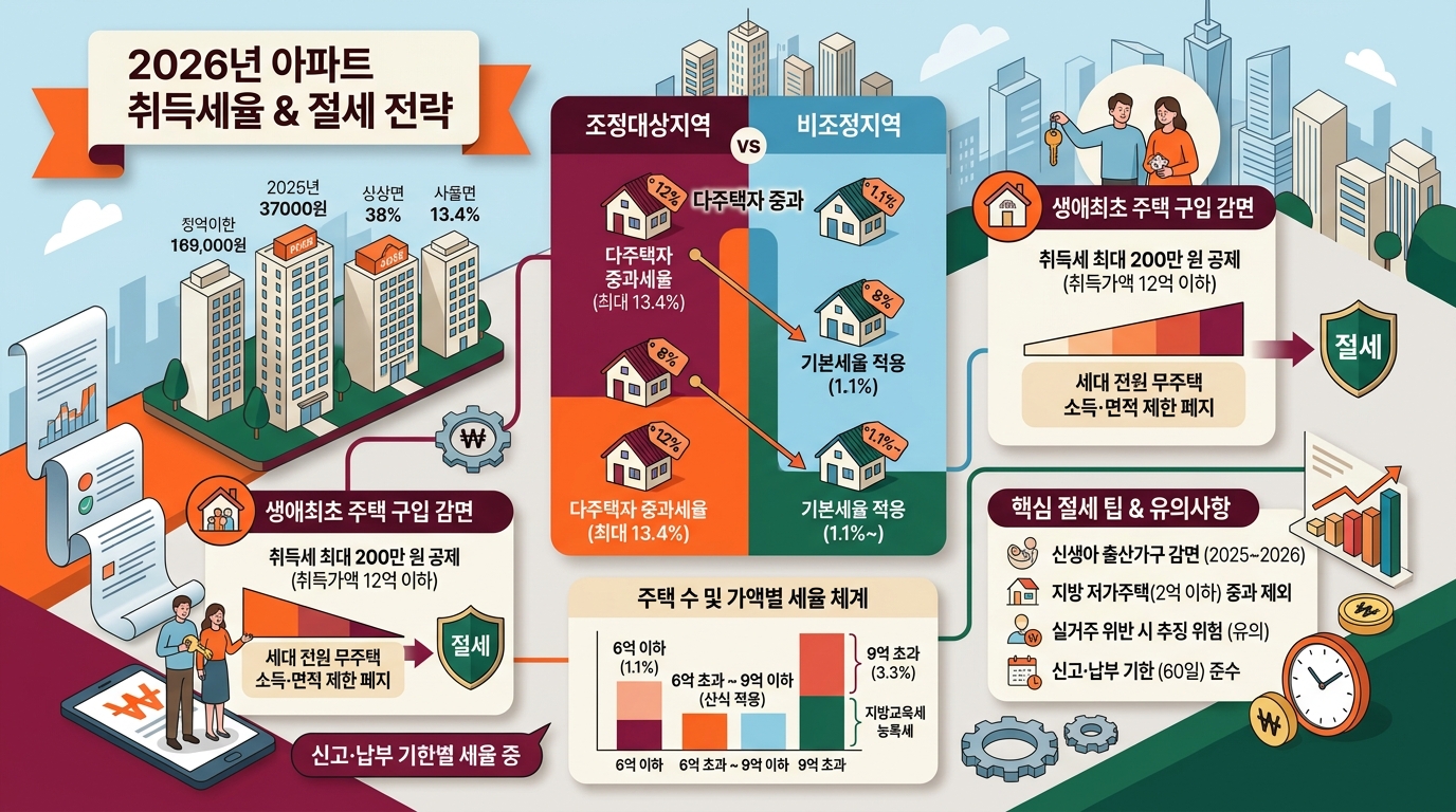2026년 아파트 취득세 세율표와 생애최초 감면 혜택 인포그래픽