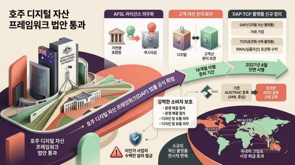 호주 디지털 자산 프레임워크 법안 통과와 가상자산 규제 전환: AFSL 라이선스 의무화 및 글로벌 크립토 시장 파급 효과 분석