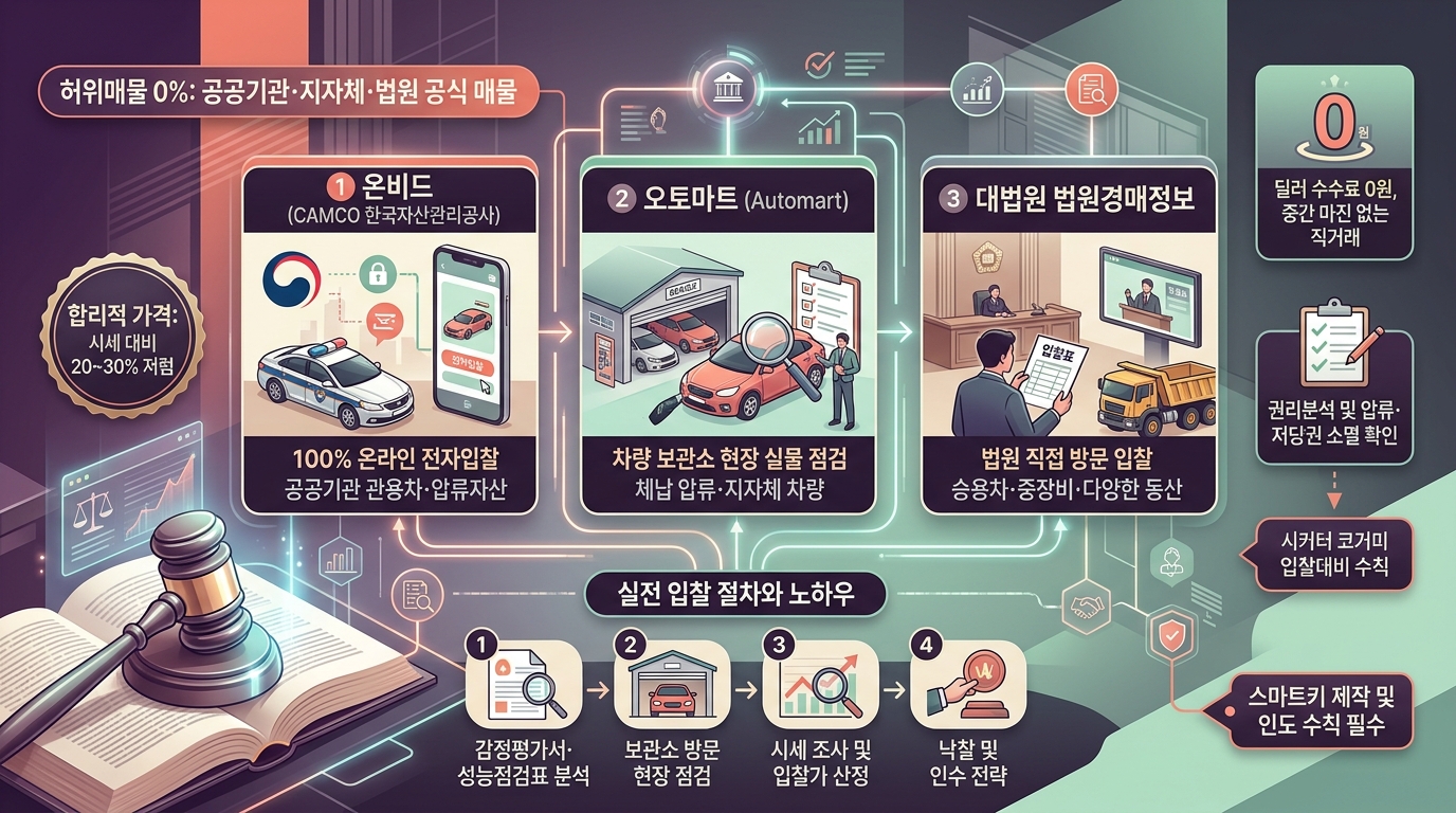 자동차 및 동산 경매사이트 온비드, 오토마트, 대법원 경매 비교 안내 이미지