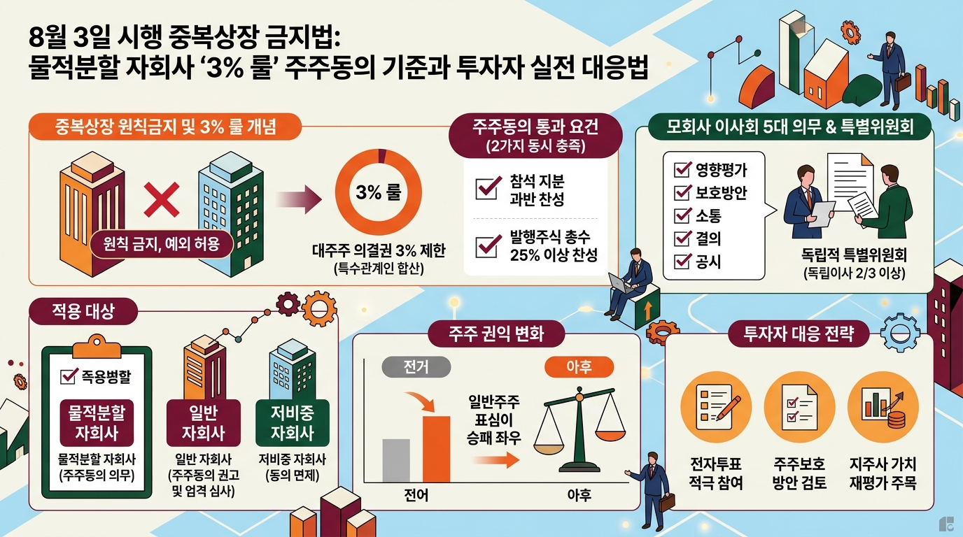 8월 3일 시행 중복상장 원칙금지 및 물적분할 3%룰 주주동의 요건 인포그래픽