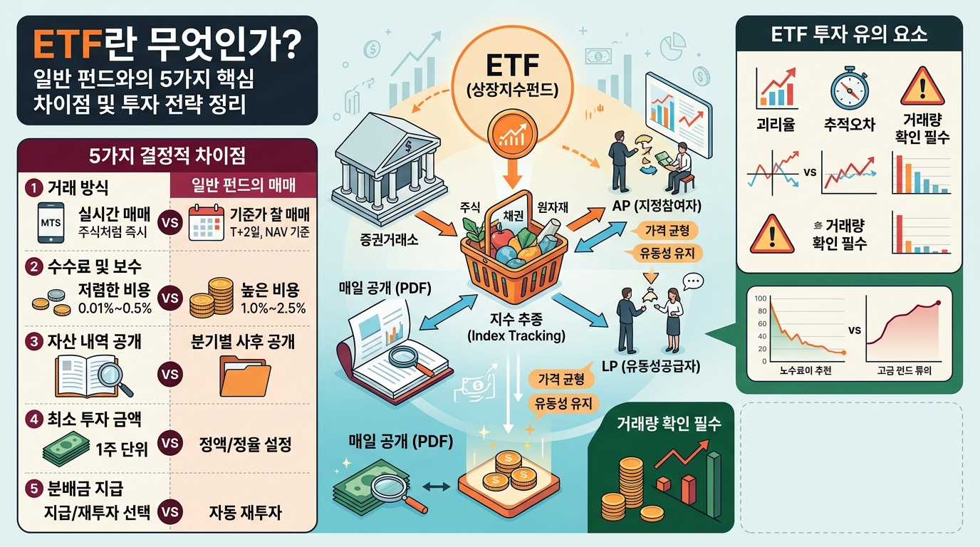 ETF와 일반 공모펀드의 비교 및 AP LP 작동 원리를 설명하는 금융 인포그래픽