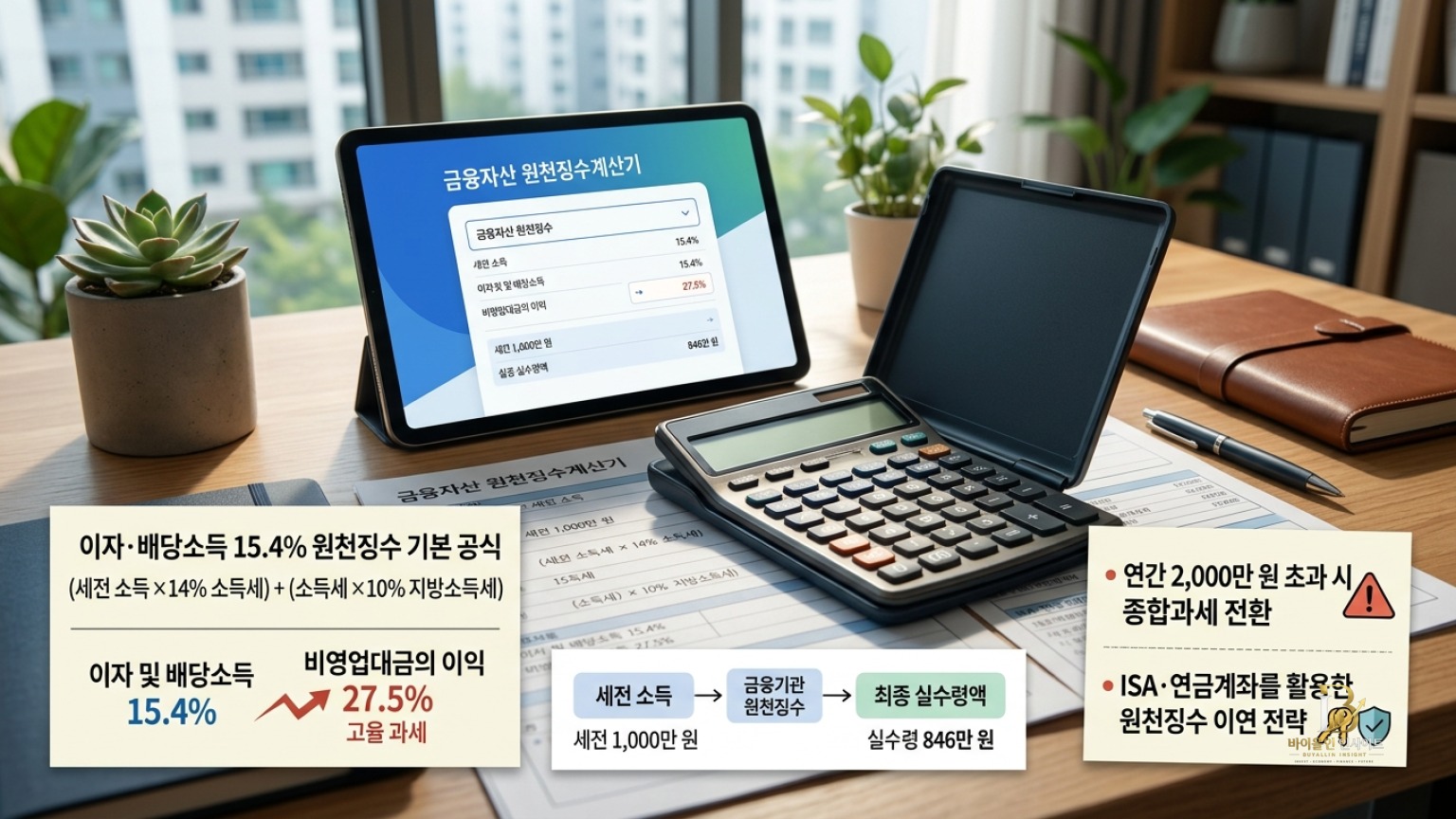 금융자산 원천징수계산기와 소득 세율 및 실수령액 산출 가이드 포스터