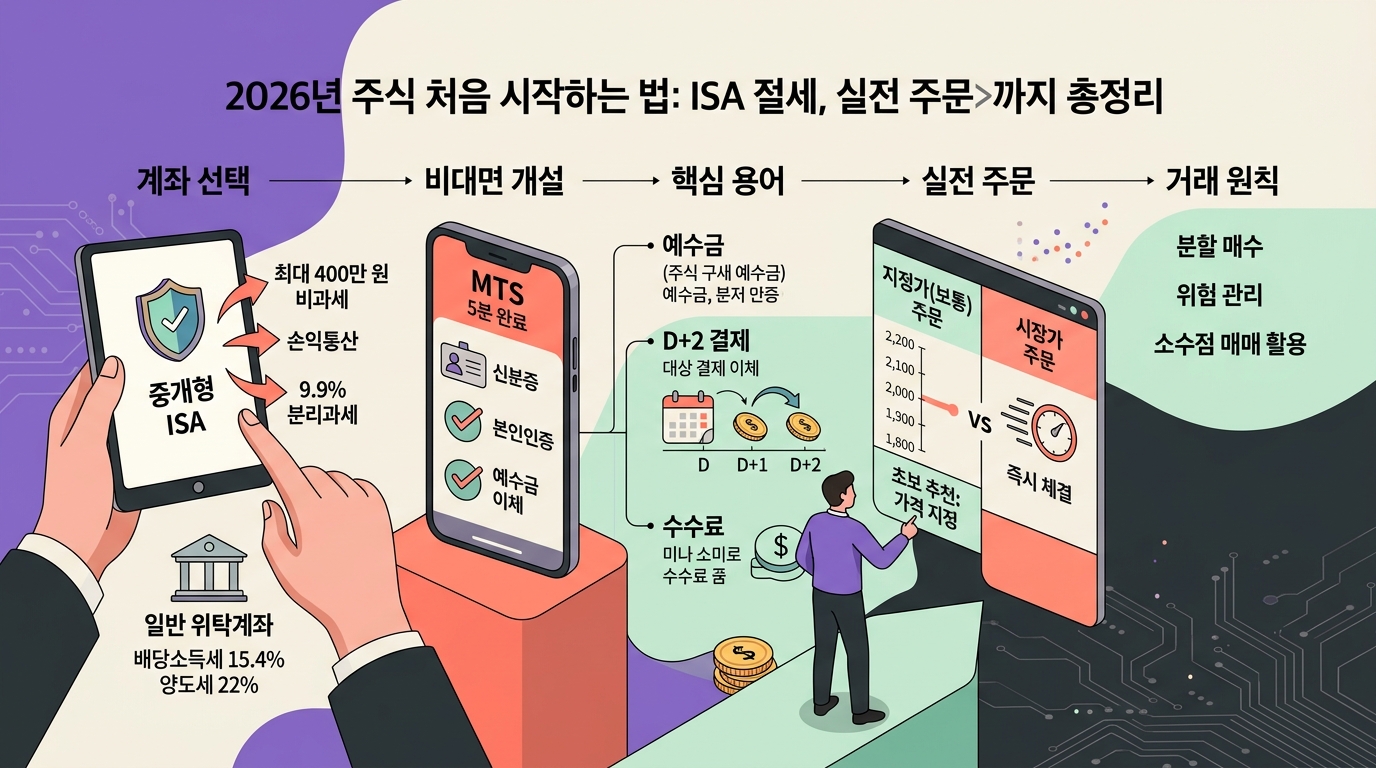 2026년 주식 처음 시작하는 법 인포그래픽 - 계좌 개설, 중개형 ISA 절세, 지정가 매수, D+2 결제 구조 요약