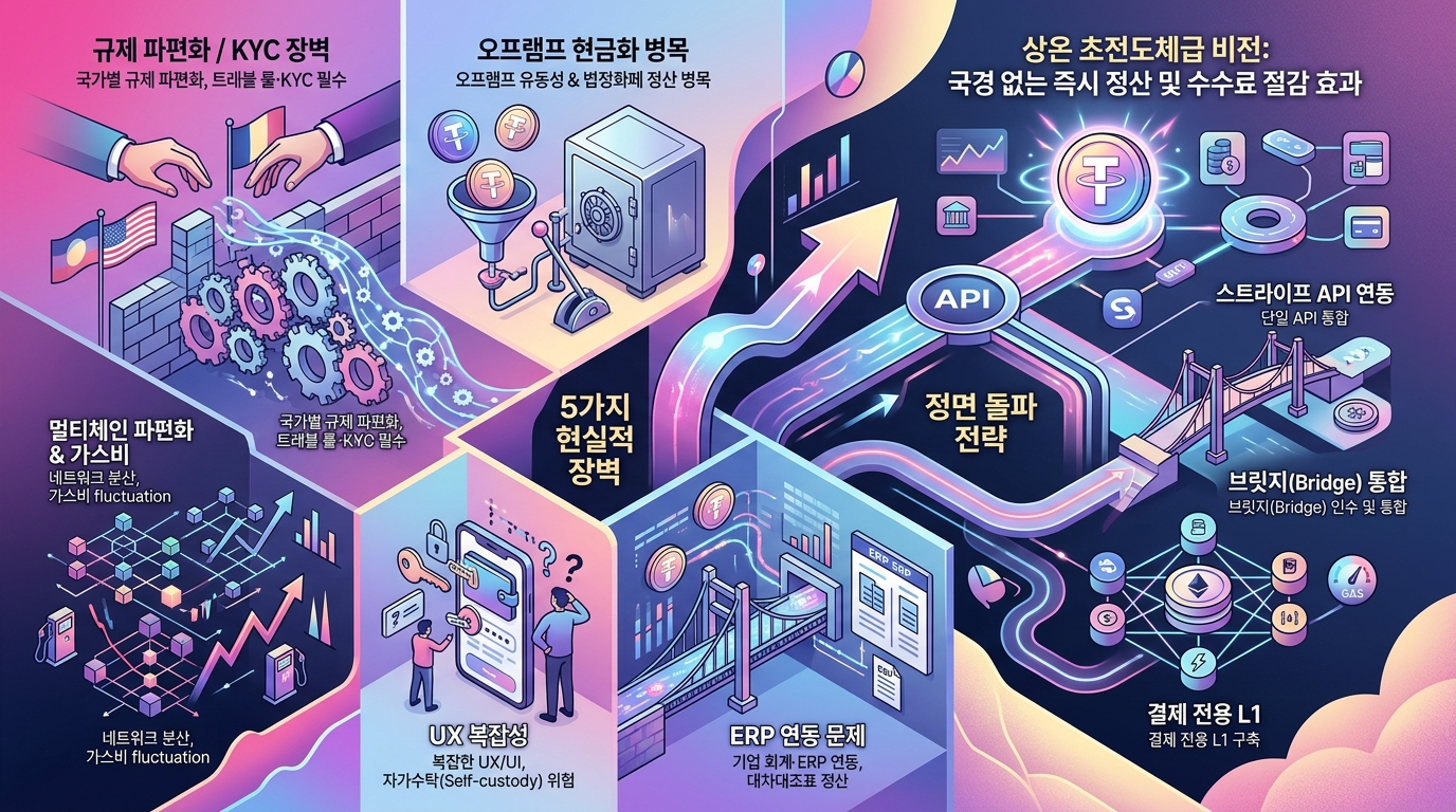 존 콜리슨 스트라이프 공동창업자가 진단한 스테이블코인 결제의 5가지 현실적 장벽과 해결 구조 인포그래픽