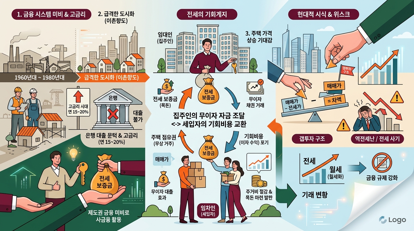한국 전세 제도의 역사적 탄생 배경과 금융 구조, 갭투자 메커니즘 및 위험요인을 정리한 다크그레이 네온 스타일 비교 분석 인포그래픽