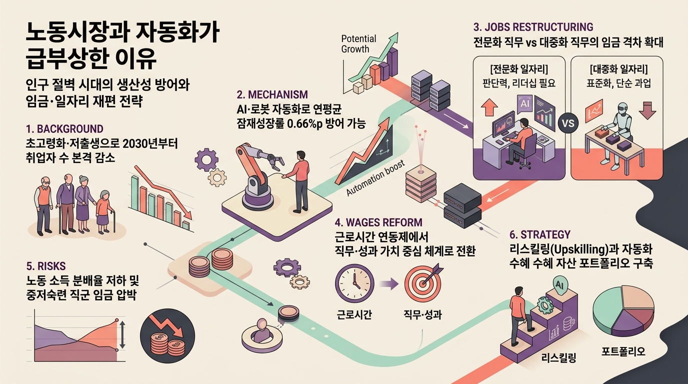 노동시장과 자동화의 거시경제적 영향과 일자리 구조 재편을 정리한 인포그래픽