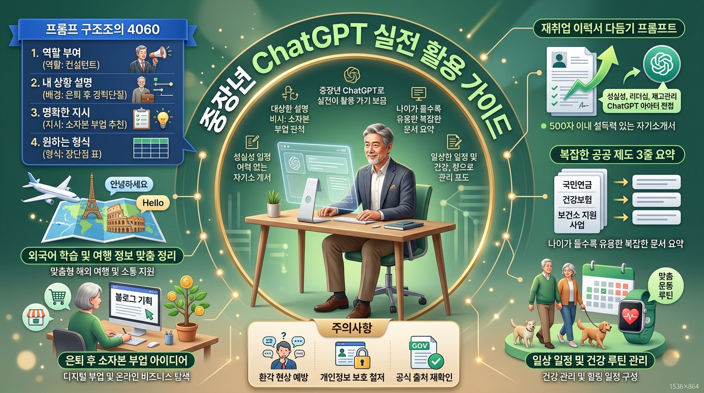 중장년층을 위한 ChatGPT 실전 활용법 및 프롬프트 가이드 인포그래픽