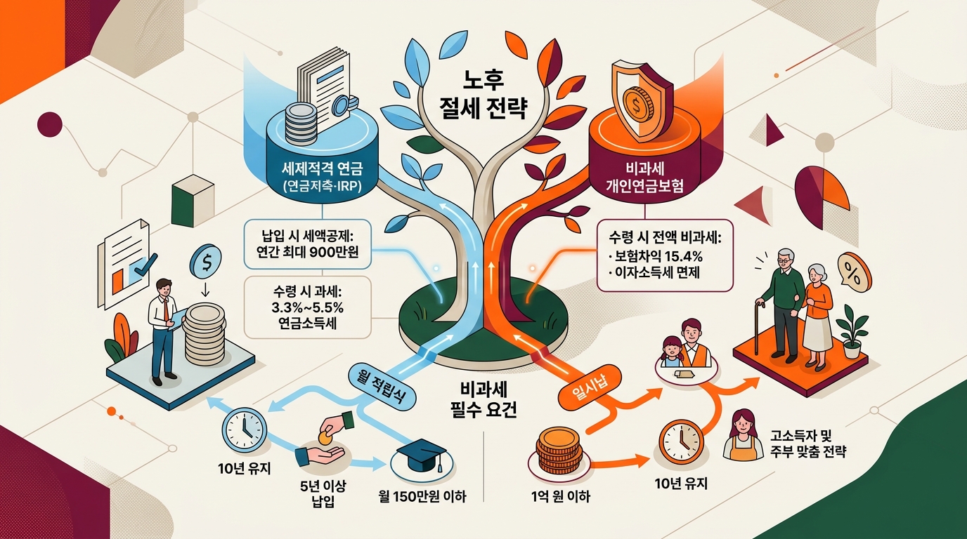 비과세 개인연금보험과 세액공제 연금저축의 차이점 및 비과세 요건 안내 인포그래픽