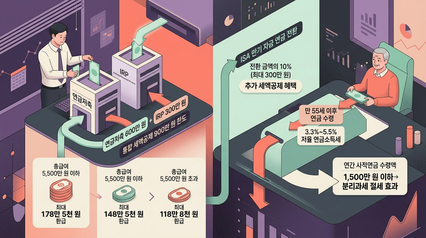 개인연금저축과 IRP 세액공제 한도 및 연금 수령 절세 전략 인포그래픽 대시보드