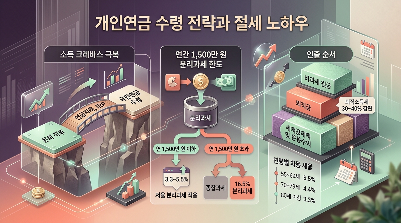 개인연금 수령 절세 전략 및 연 1500만원 분리과세 한도 가이드 인포그래픽
