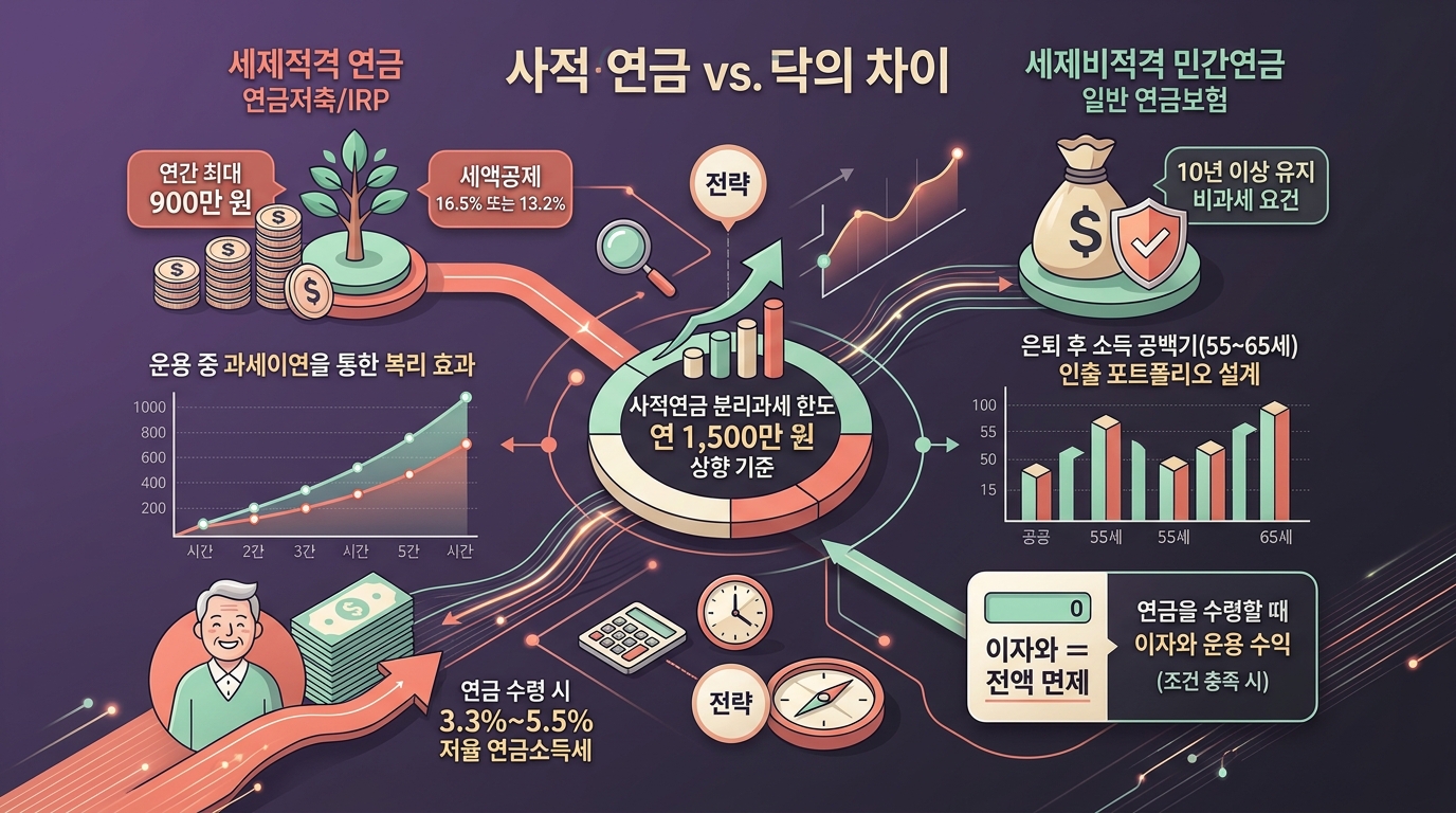 민간연금과 연금저축, IRP, 연금보험의 세액공제, 비과세, 분리과세 차이를 비교 분석한 금융 인포그래픽 포스터