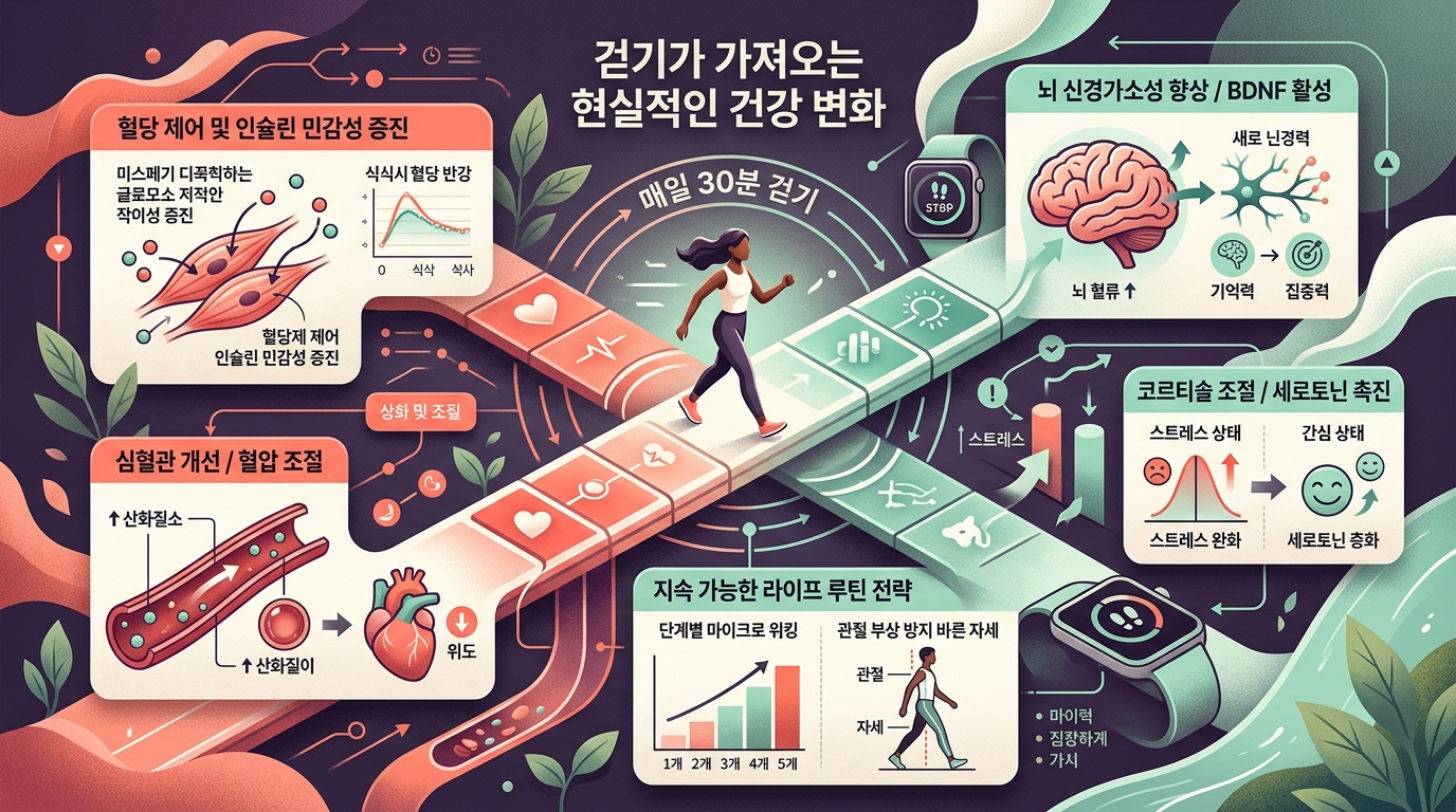 매일 30분 걷기 운동의 현실적 건강 효과와 과학적 작동 원리를 다룬 인포그래픽