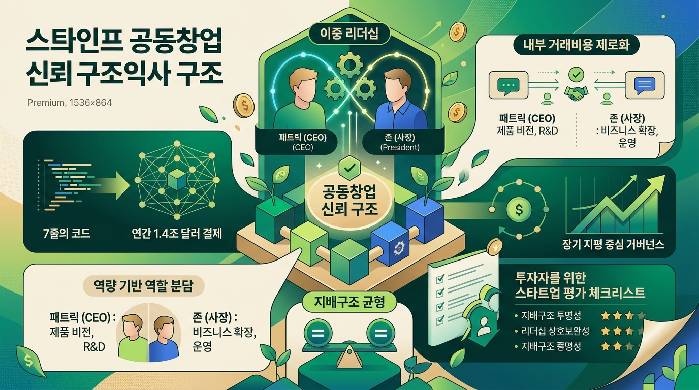 스트라이프 패트릭·존 콜리슨 형제의 공동창업 신뢰 구조와 이중 리더십 지배구조 분석 인포그래픽