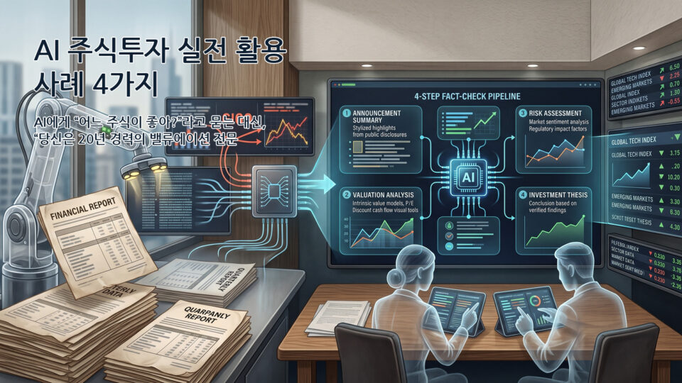 AI 주식투자 실전 활용 사례와 4단계 팩트체크 리서치 파이프라인 인포그래픽