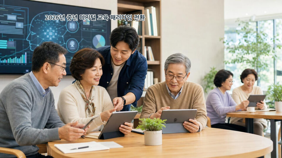 2026년 중년 디지털 교육의 핵심 변화와 정부 AI 지원 사업을 요약한 인포그래픽