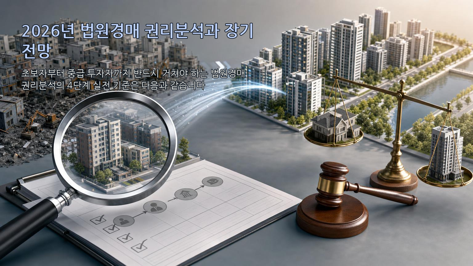 2026년 법원경매 권리분석 4단계 체크리스트와 낙찰가율 양극화 전망 인포그래픽