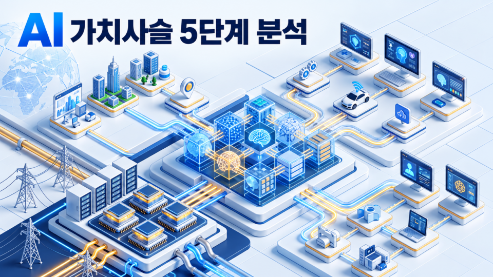 AI 산업 가치사슬을 반도체·전력·데이터센터·모델·응용 서비스의 연결 구조로 표현한 도해