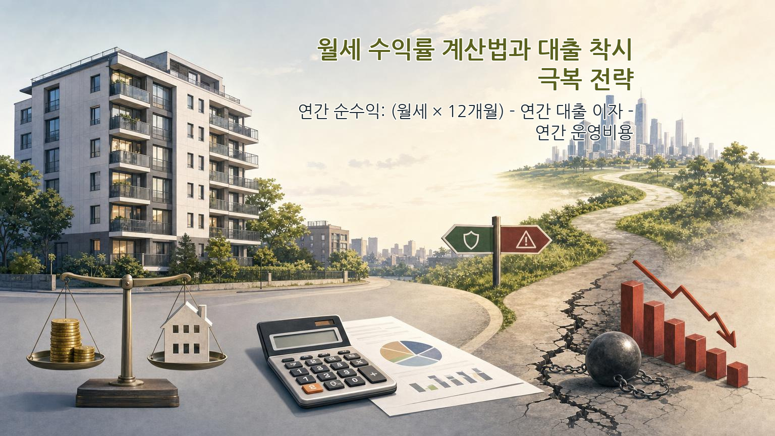 월세 수익률 계산법과 대출 및 세금 차감 인포그래픽