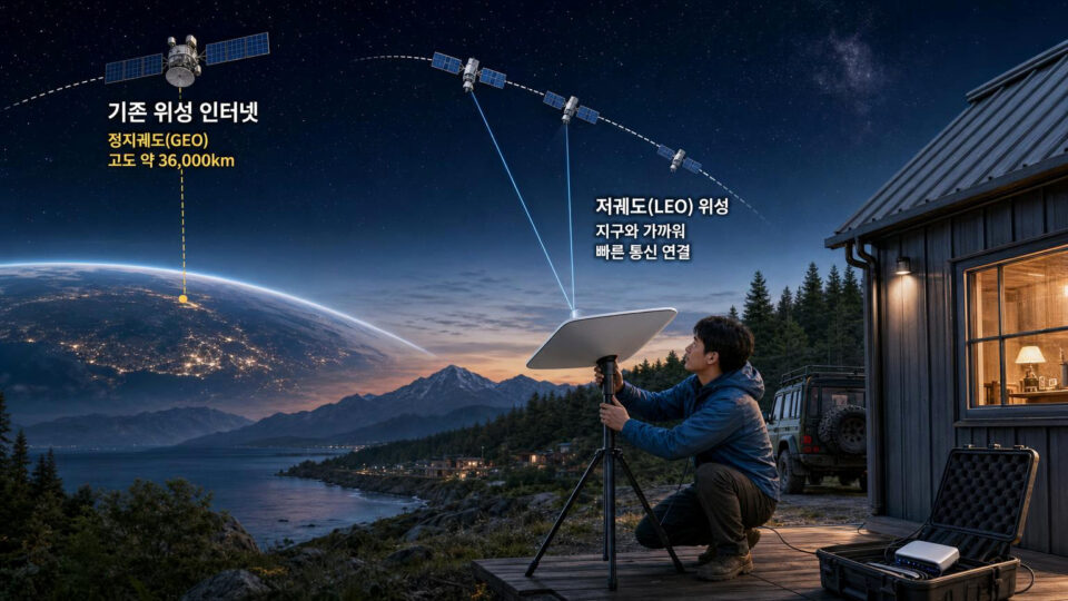 저궤도 위성 인터넷의 작동 원리, 요금 체계, 지상망 비교 및 설치 체크리스트를 정리한 인포그래픽