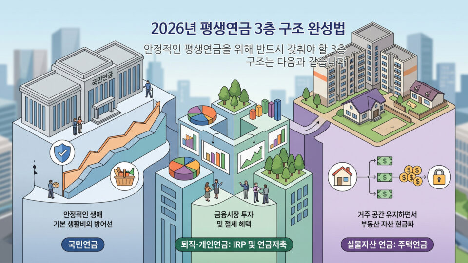2026년 국민연금 개정과 IRP, 주택연금을 결합한 평생연금 3층 구조 인포그래픽