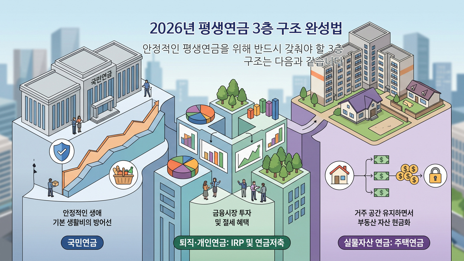 2026년 국민연금 개정과 IRP, 주택연금을 결합한 평생연금 3층 구조 인포그래픽