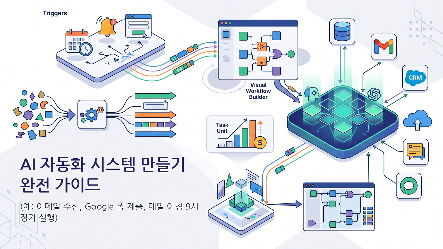 AI 자동화 시스템 만들기 5단계 구축 로드맵과 노코드 툴 연동 구조 인포그래픽