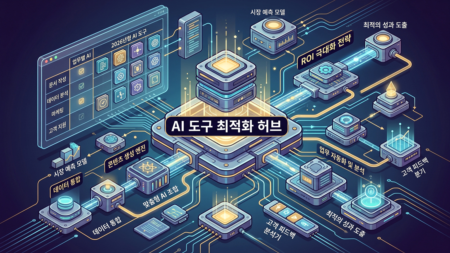 2026년형 업무별 AI 도구 조합과 생산성 ROI 극대화 전략 인포그래픽