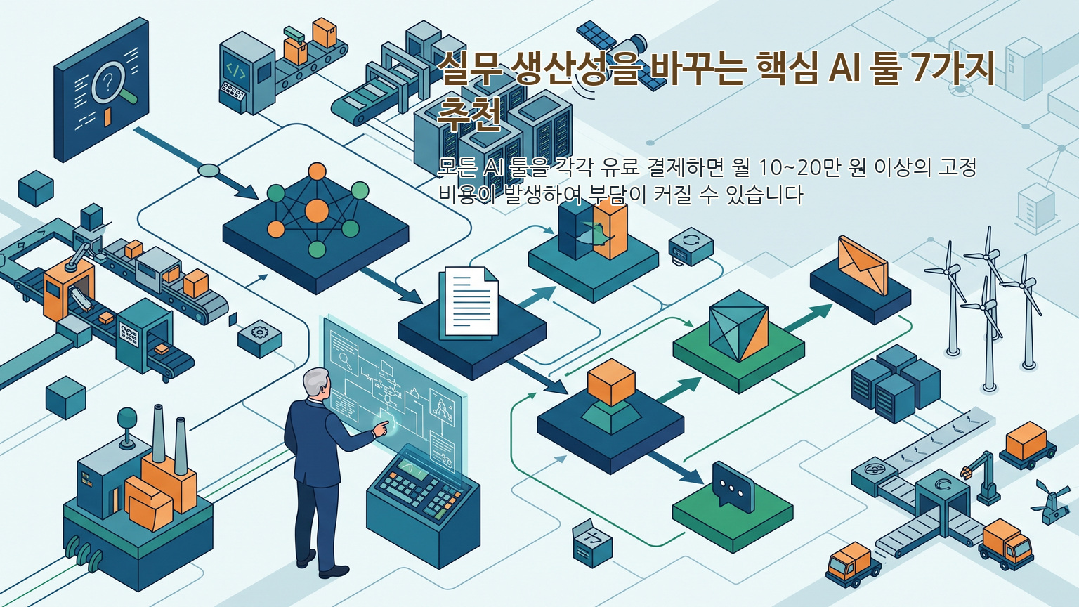 2026년 실무 생산성을 향상시키는 핵심 업무용 AI 툴 7가지와 파이프라인 인포그래픽