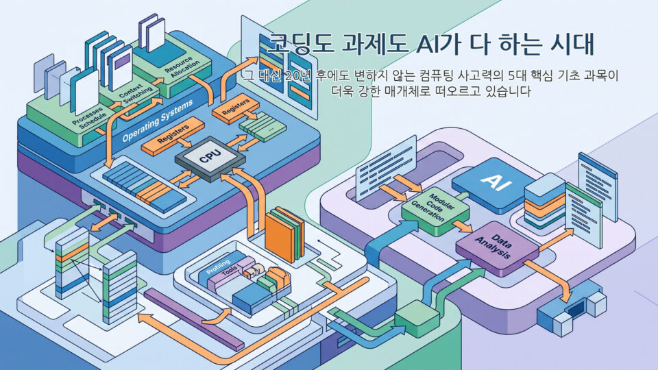 AI 시대 컴퓨터공학과의 교육 변화와 핵심 역량을 나타낸 전문 리서치 인포그래픽