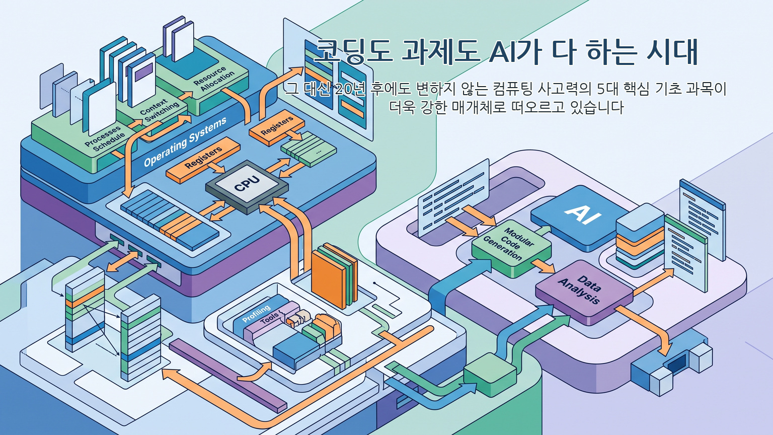 AI 시대 컴퓨터공학과의 교육 변화와 핵심 역량을 나타낸 전문 리서치 인포그래픽