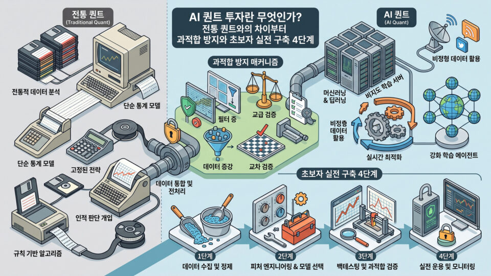 AI 퀀트 투자 개념과 전통 퀀트 비교 및 과적합 방지 4단계 실전 파이프라인 인포그래픽