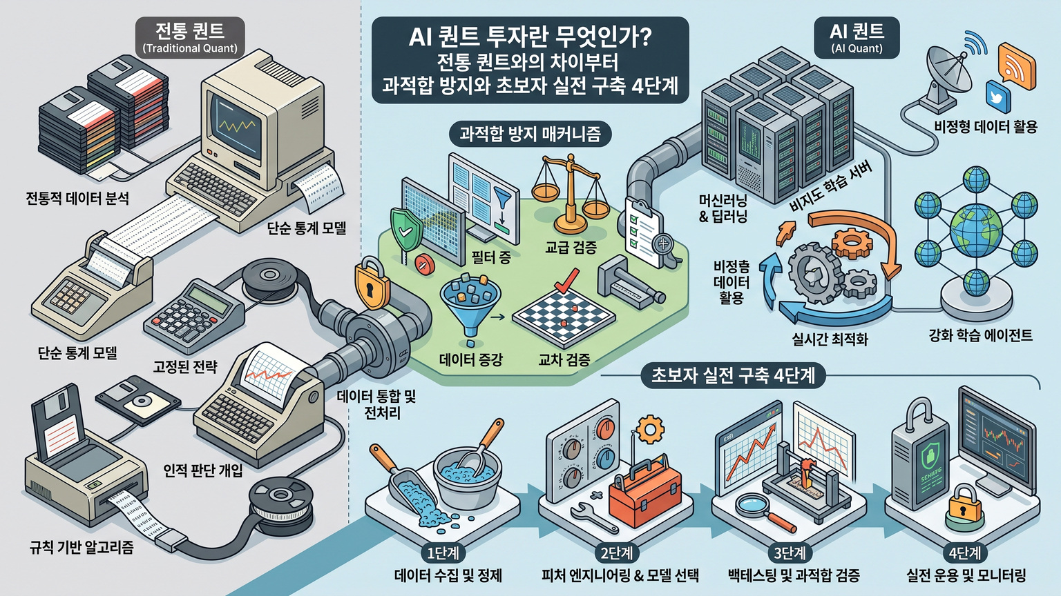 AI 퀀트 투자 개념과 전통 퀀트 비교 및 과적합 방지 4단계 실전 파이프라인 인포그래픽