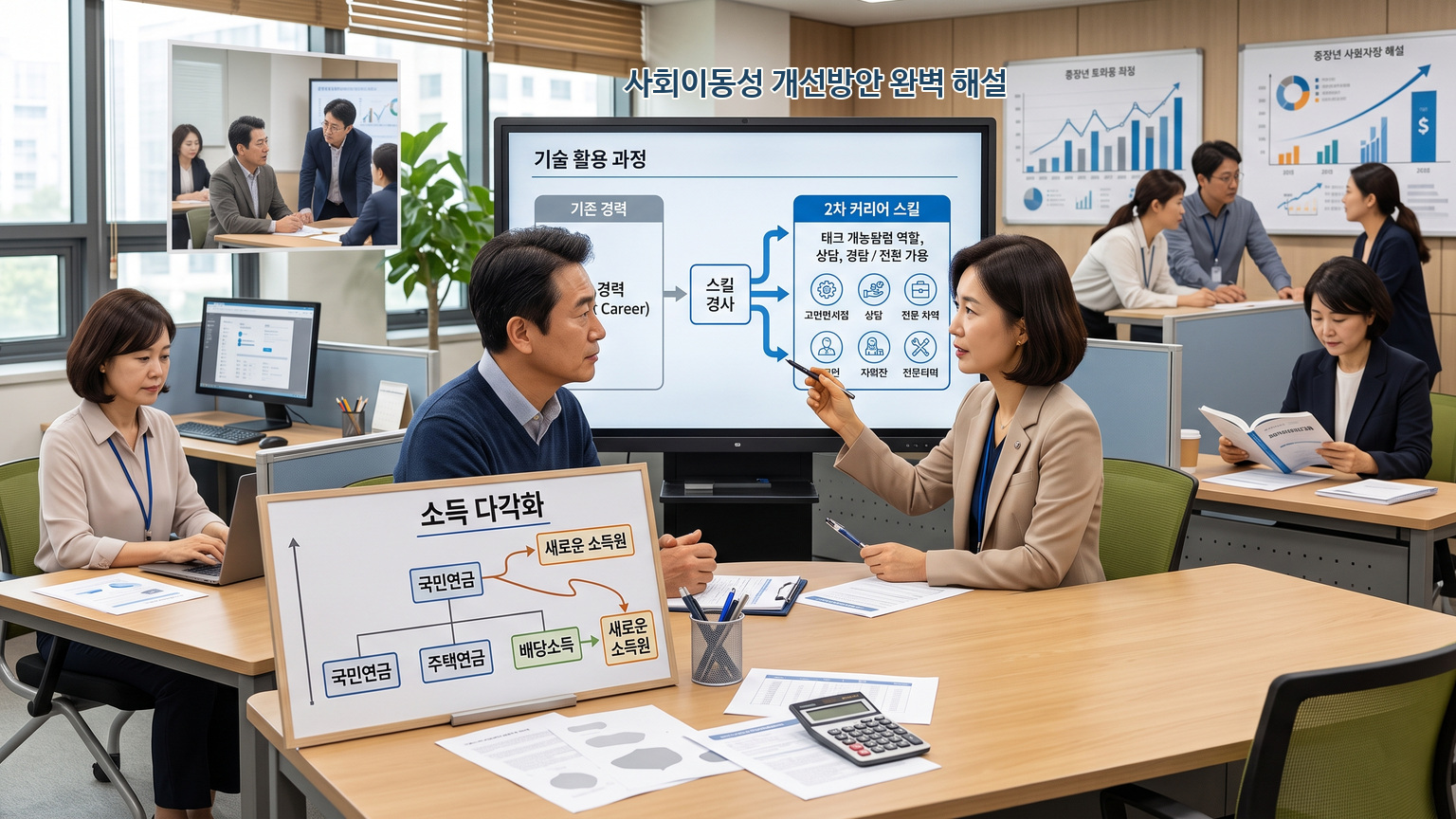 사회이동성 개선방안의 3대 핵심 축인 일자리, 자산형성, 교육 복지 구조를 설명하는 인포그래픽