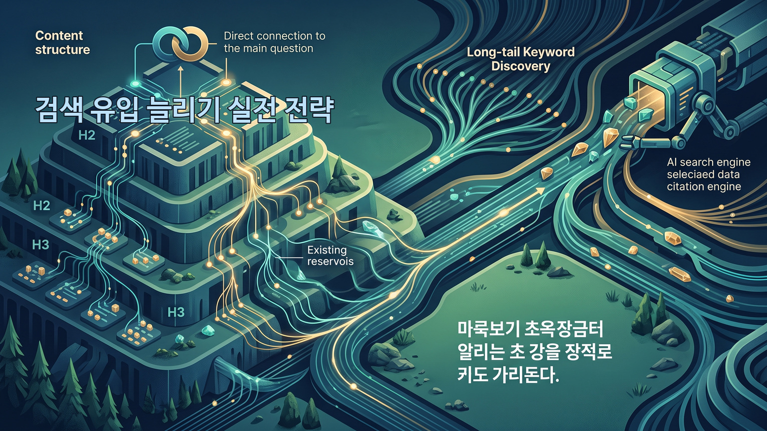 검색 유입 늘리기를 위한 롱테일 키워드 및 AI 검색 최적화 SEO 로드맵 인포그래픽