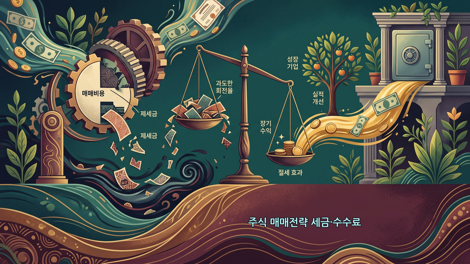 주식 매매전략과 2026년 인상된 세금 및 수수료 절감 방안을 보여주는 블랙 앤 골드 럭셔리 인포그래픽