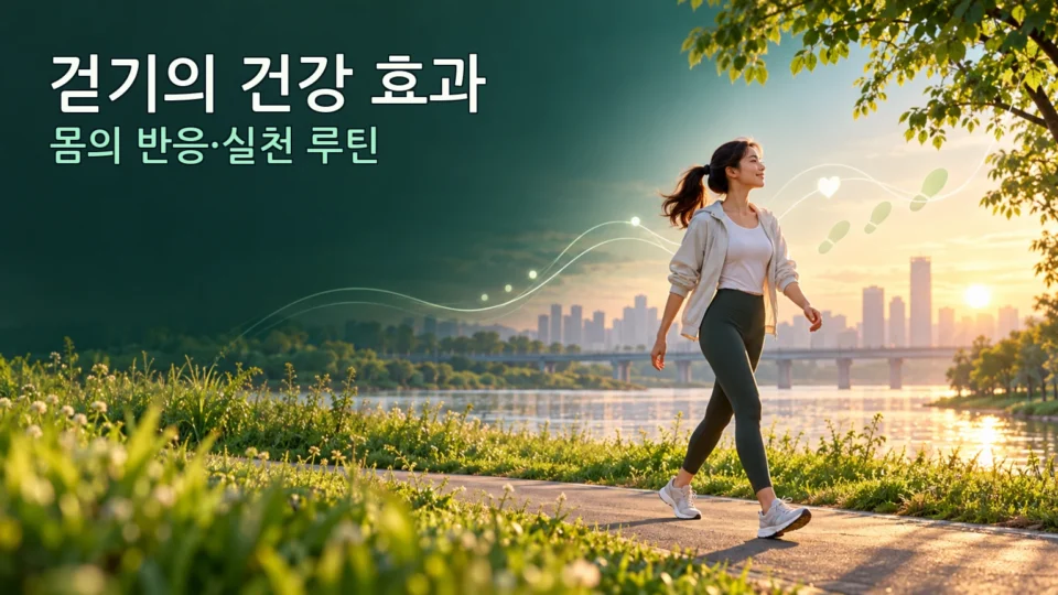 강변에서 걷는 모습으로 걷기의 건강 효과와 실천 루틴을 표현한 이미지
