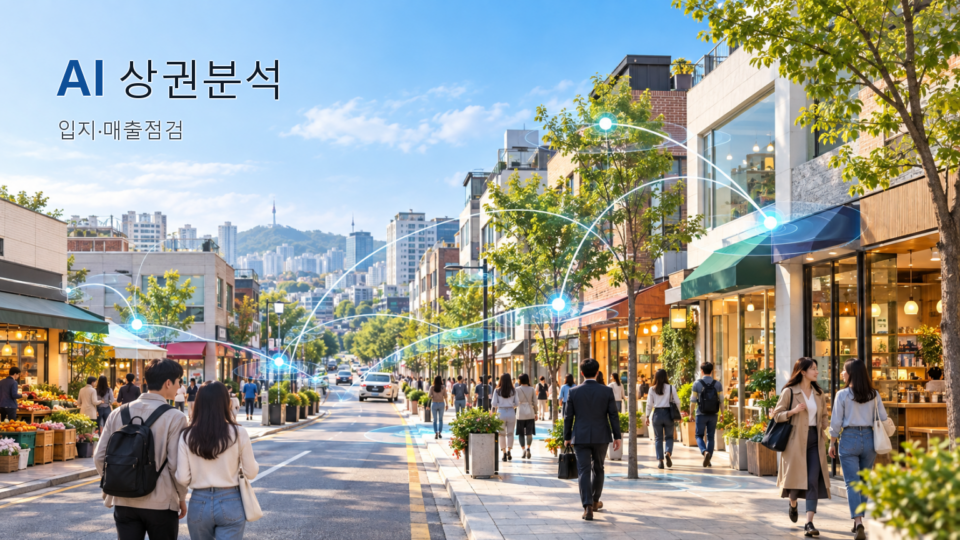 도심 상권 거리와 상점, 사람의 이동 흐름 위에 AI 상권 분석 제목을 표시한 이미지